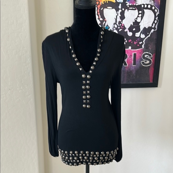 Sexy Black Studded Deep V-Neck Hoodie By Rain Size Large - Picture 2 of 11